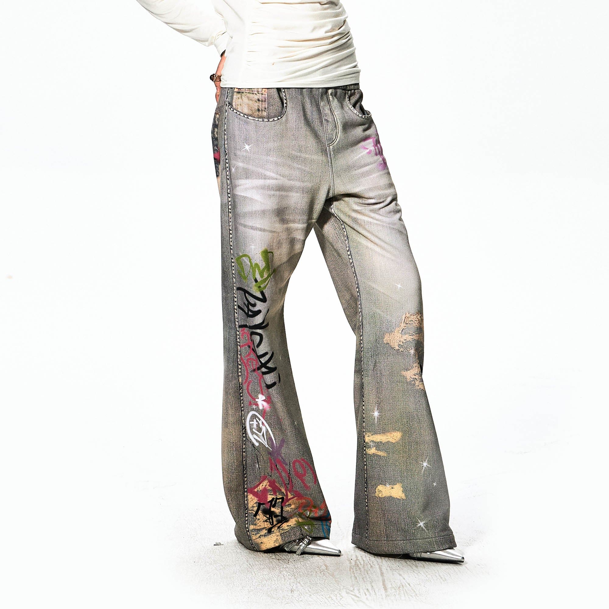 DND4DES×Faychui Distressed Graffiti Flared Pants