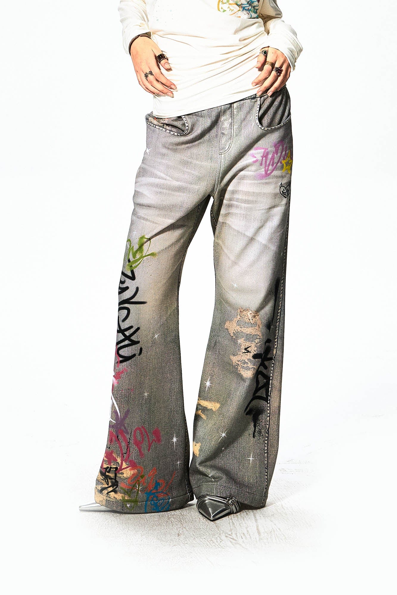 DND4DES×Faychui Distressed Graffiti Flared Pants