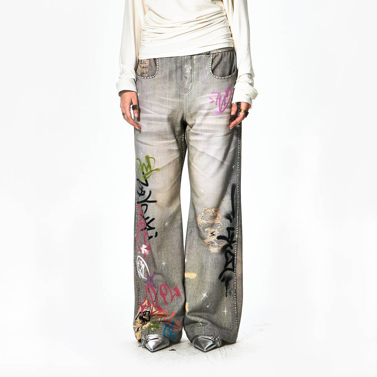 DND4DES×Faychui Distressed Graffiti Flared Pants