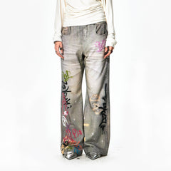 DND4DES×Faychui Distressed Graffiti Flared Pants