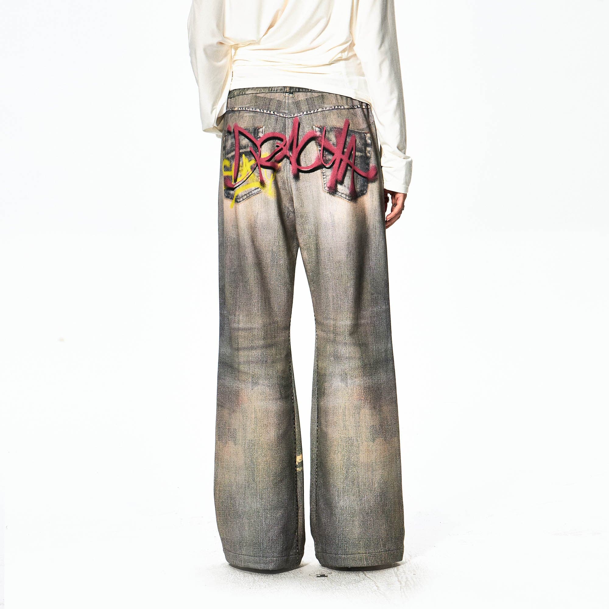 DND4DES×Faychui Distressed Graffiti Flared Pants