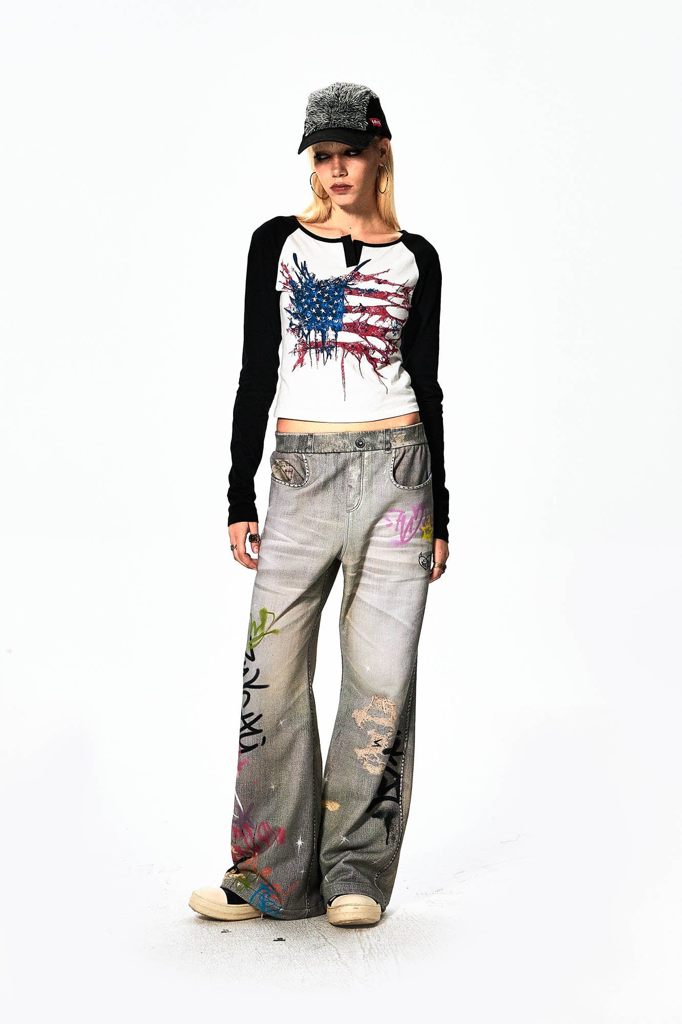 DND4DES×Faychui Distressed Graffiti Flared Pants