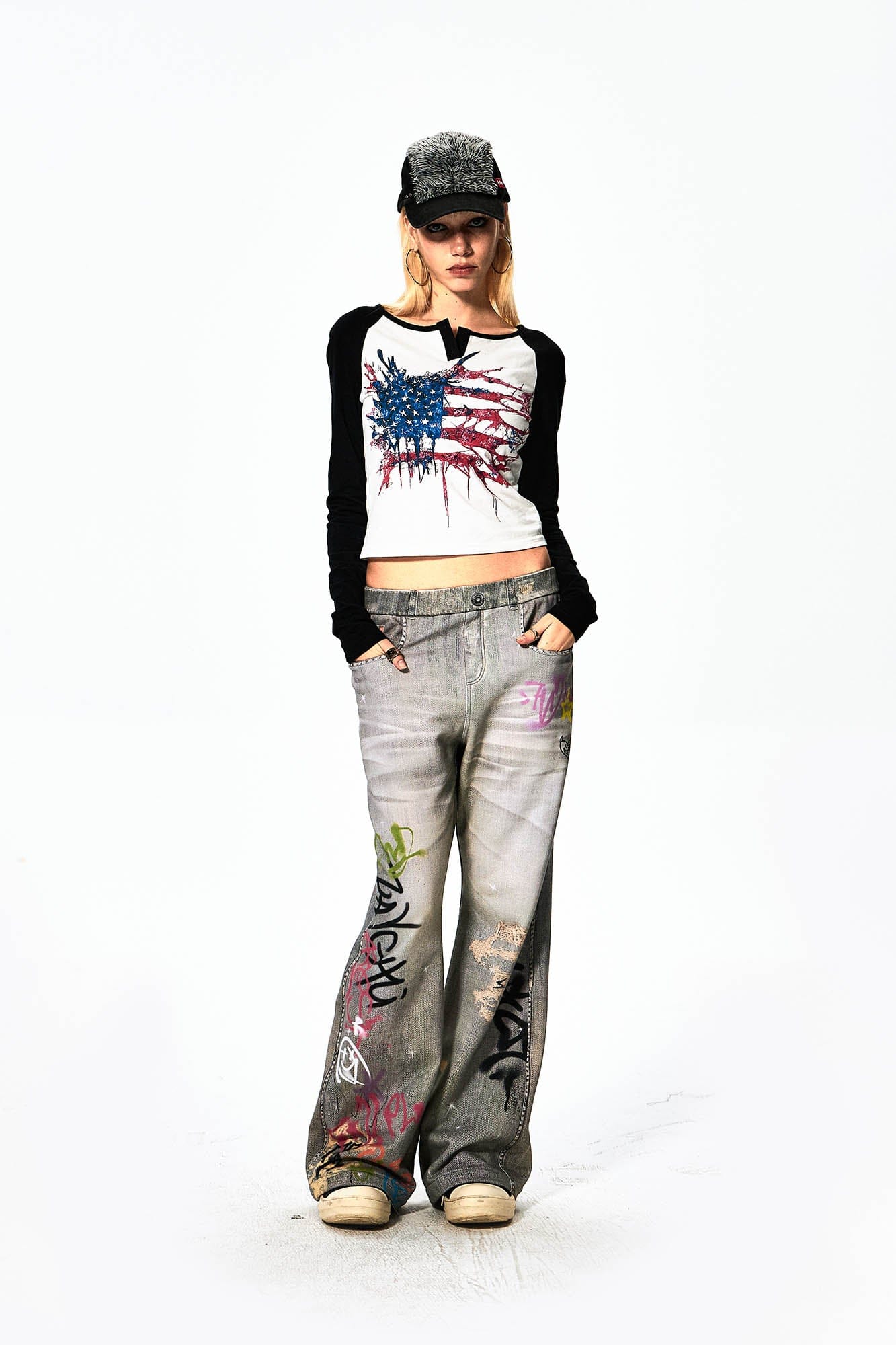 DND4DES×Faychui Distressed Graffiti Flared Pants