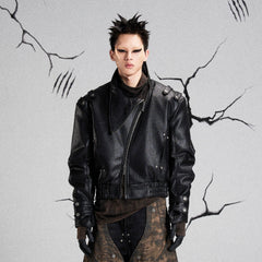 FLYERRER Mutation Asymmetrical High-Collar Faux Leather Jacket