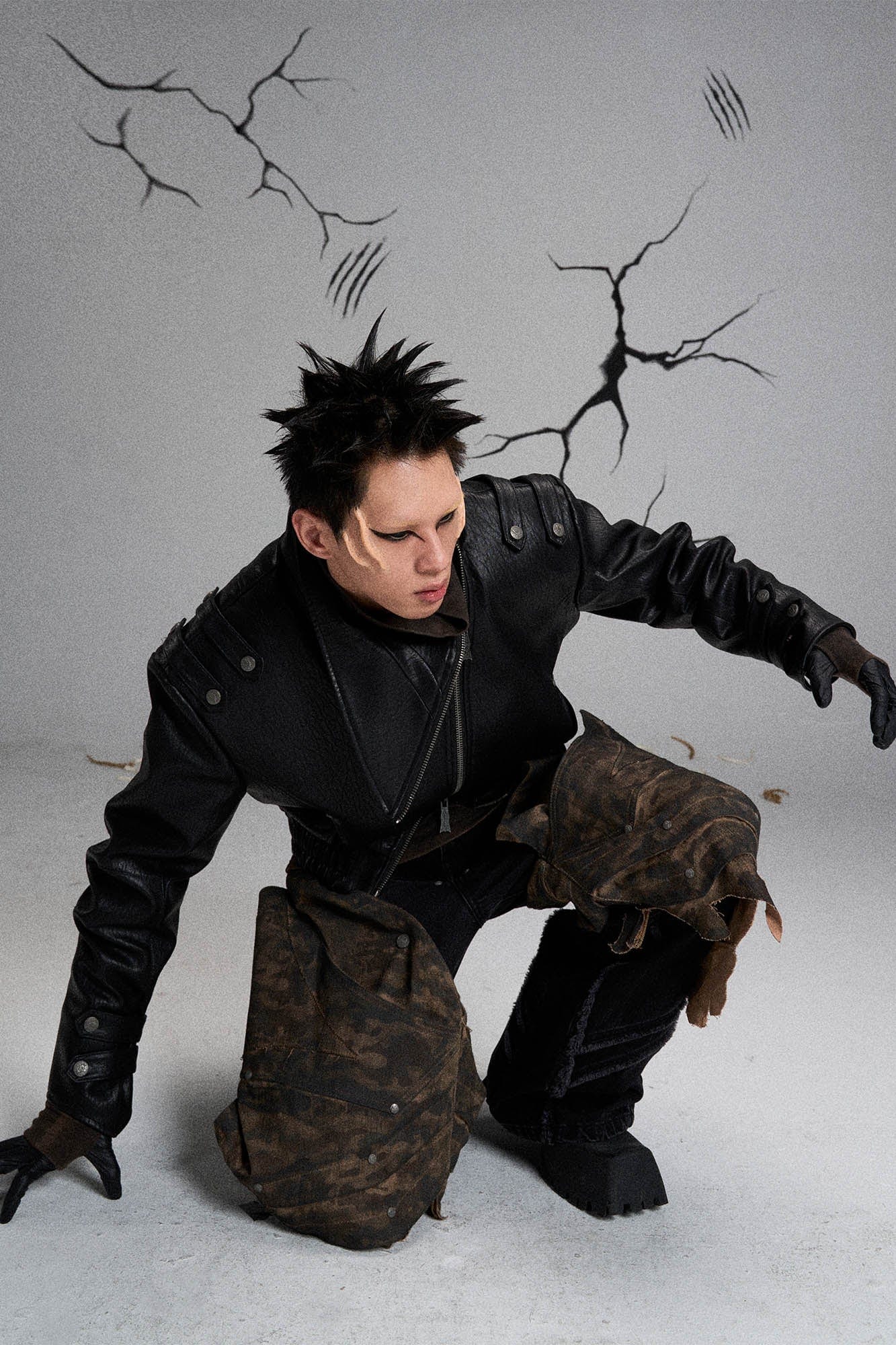 FLYERRER Mutation Asymmetrical High-Collar Faux Leather Jacket