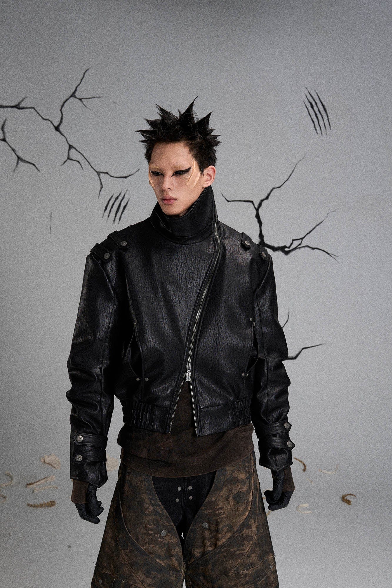 FLYERRER Mutation Asymmetrical High-Collar Faux Leather Jacket