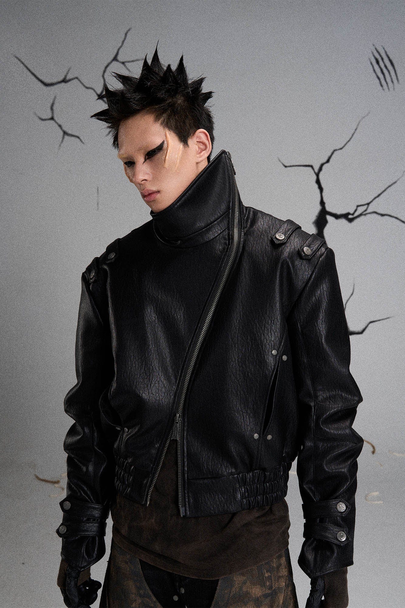 FLYERRER Mutation Asymmetrical High-Collar Faux Leather Jacket