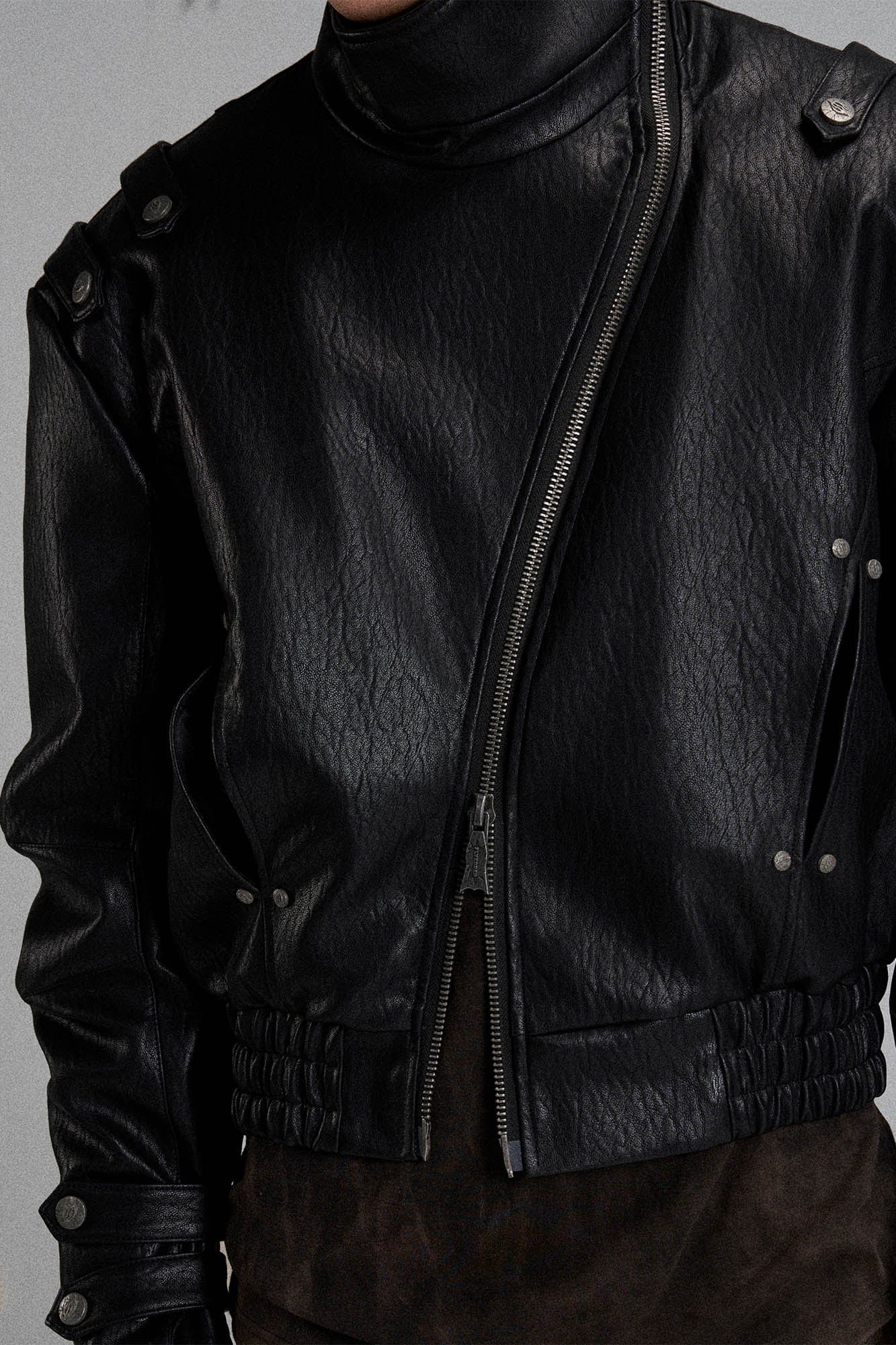 FLYERRER Mutation Asymmetrical High-Collar Faux Leather Jacket