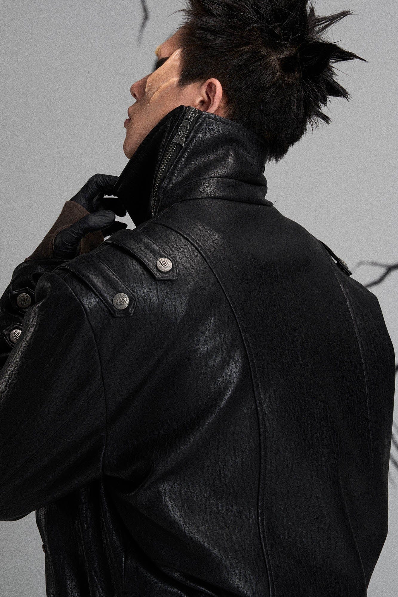 FLYERRER Mutation Asymmetrical High-Collar Faux Leather Jacket