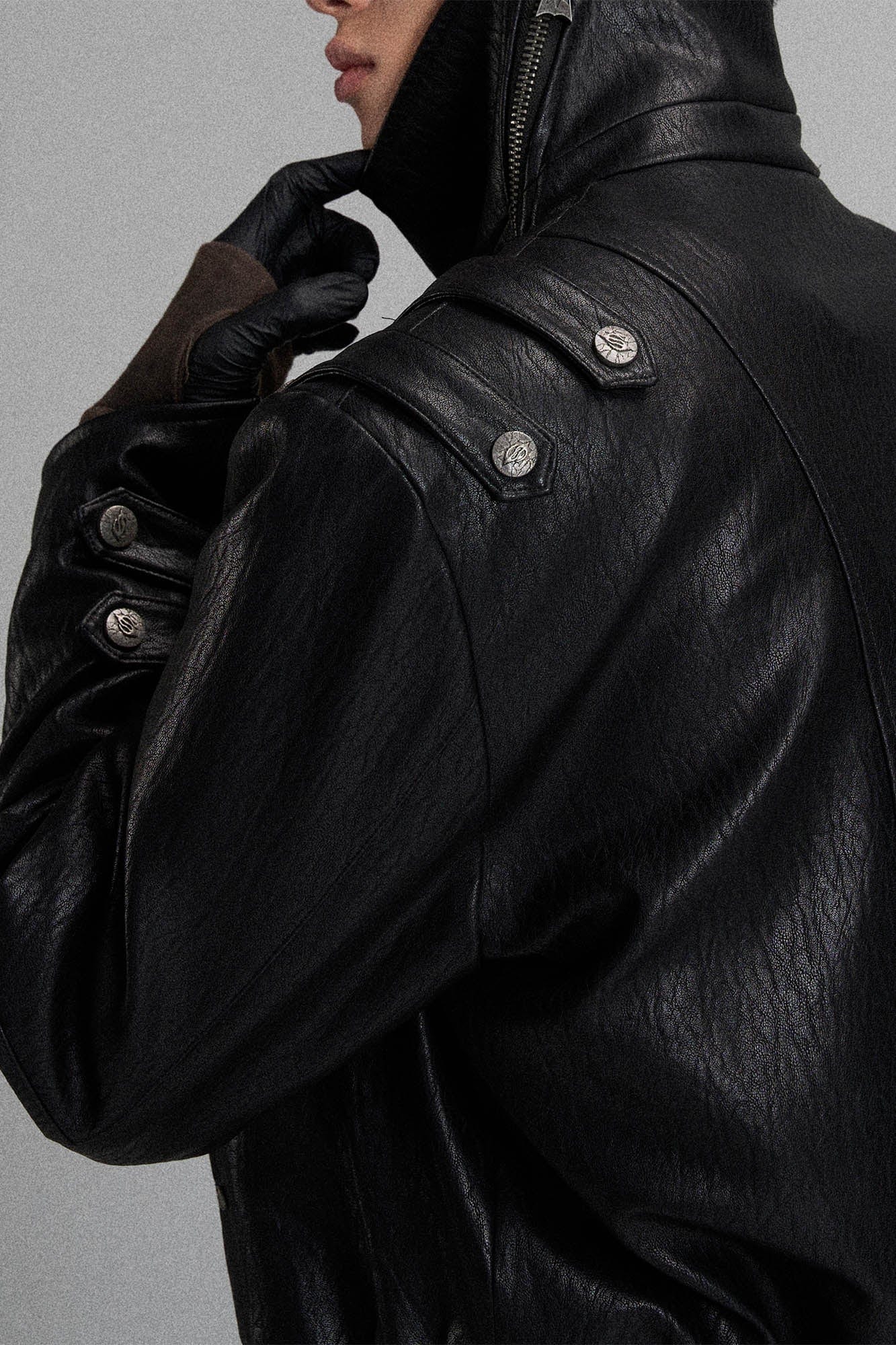 FLYERRER Mutation Asymmetrical High-Collar Faux Leather Jacket