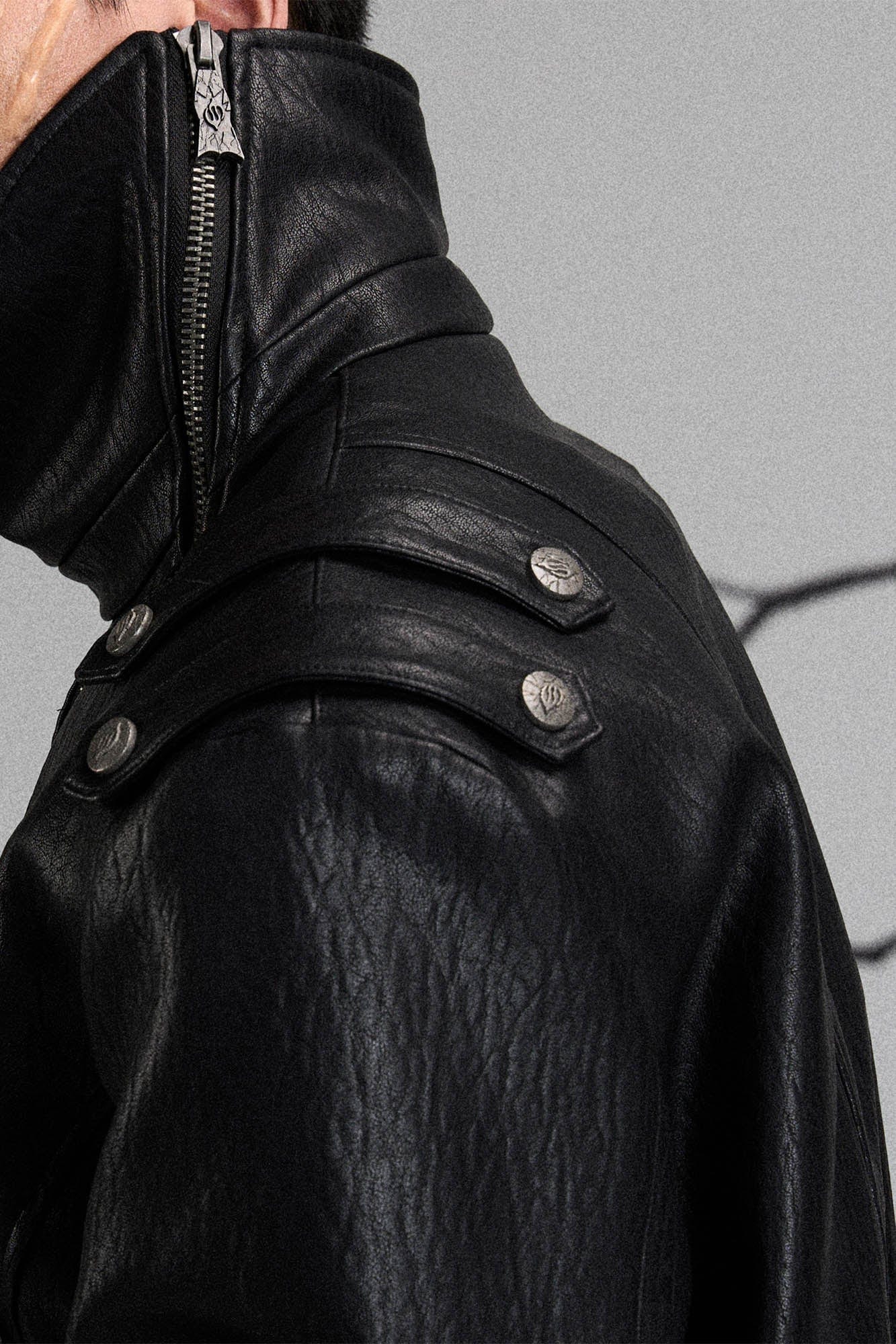 FLYERRER Mutation Asymmetrical High-Collar Faux Leather Jacket