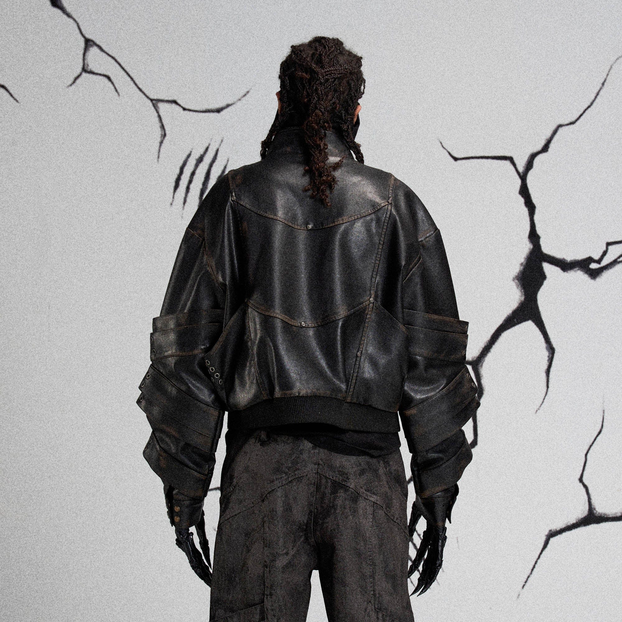 FLYERRER Mutation Layered Armor Spliced Faux Leather Jacket Black