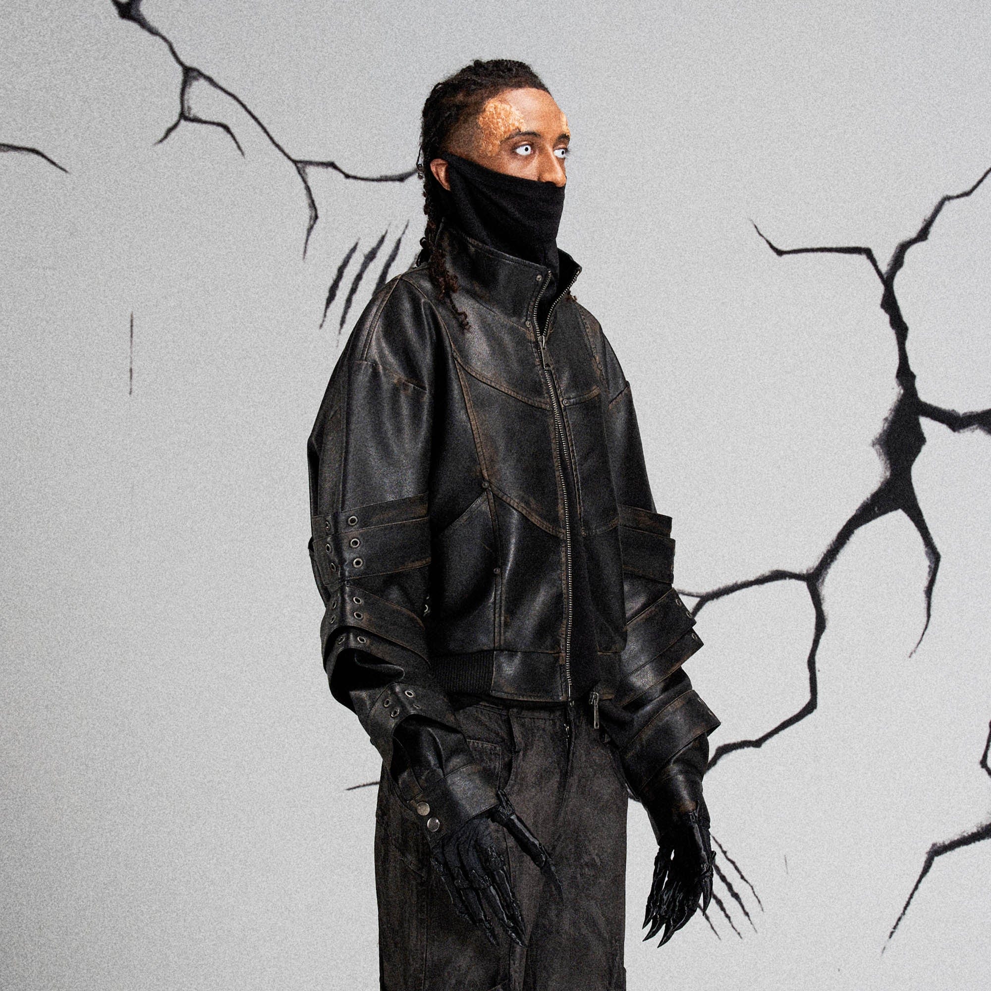 FLYERRER Mutation Layered Armor Spliced Faux Leather Jacket Black