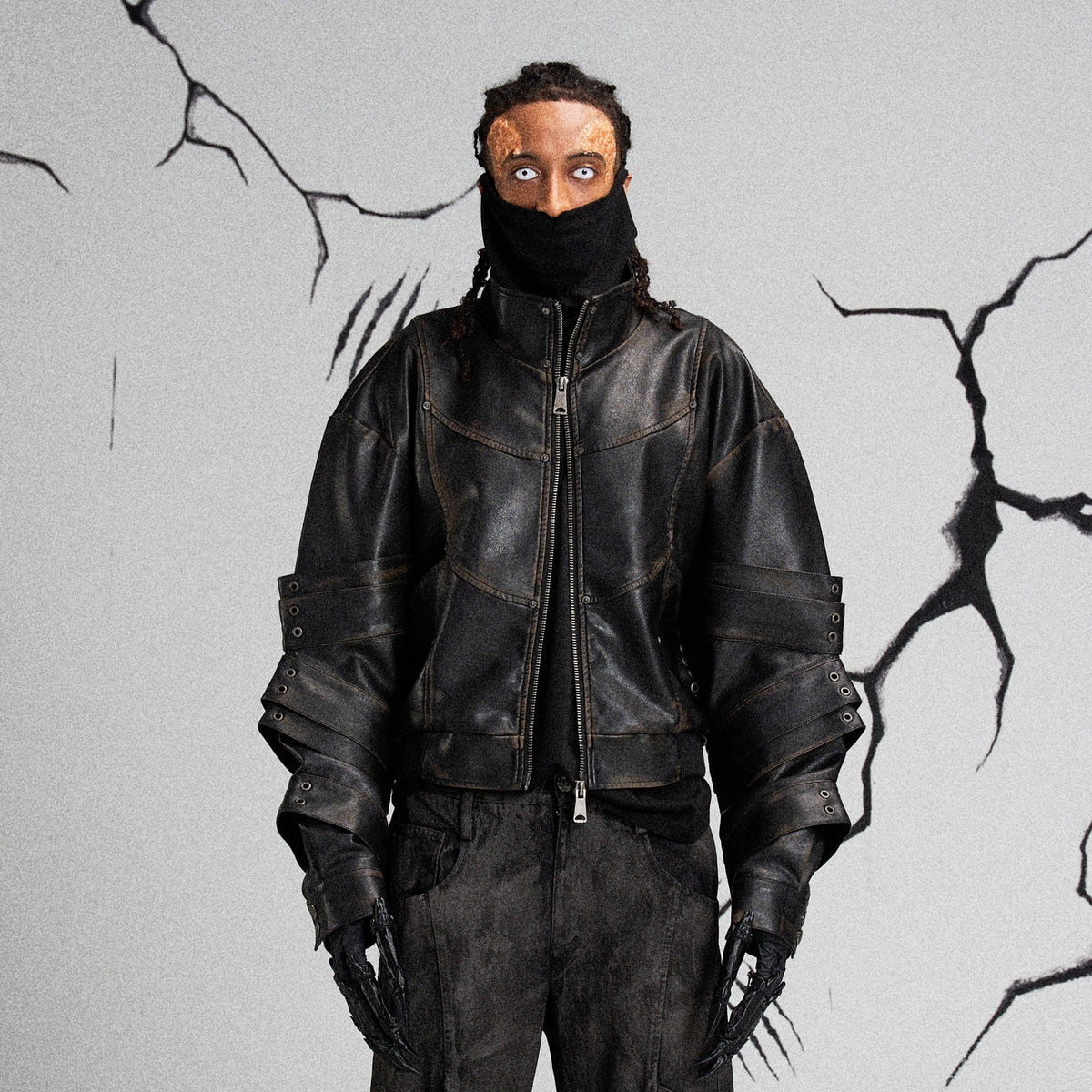 FLYERRER Mutation Layered Armor Spliced Faux Leather Jacket Black