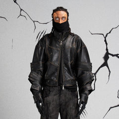 FLYERRER Mutation Layered Armor Spliced Faux Leather Jacket Black