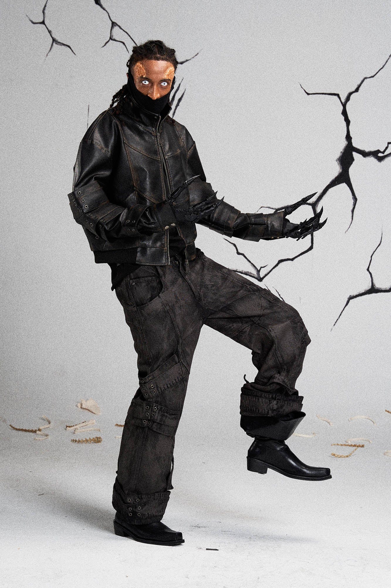 FLYERRER Mutation Layered Armor Spliced Faux Leather Jacket Black