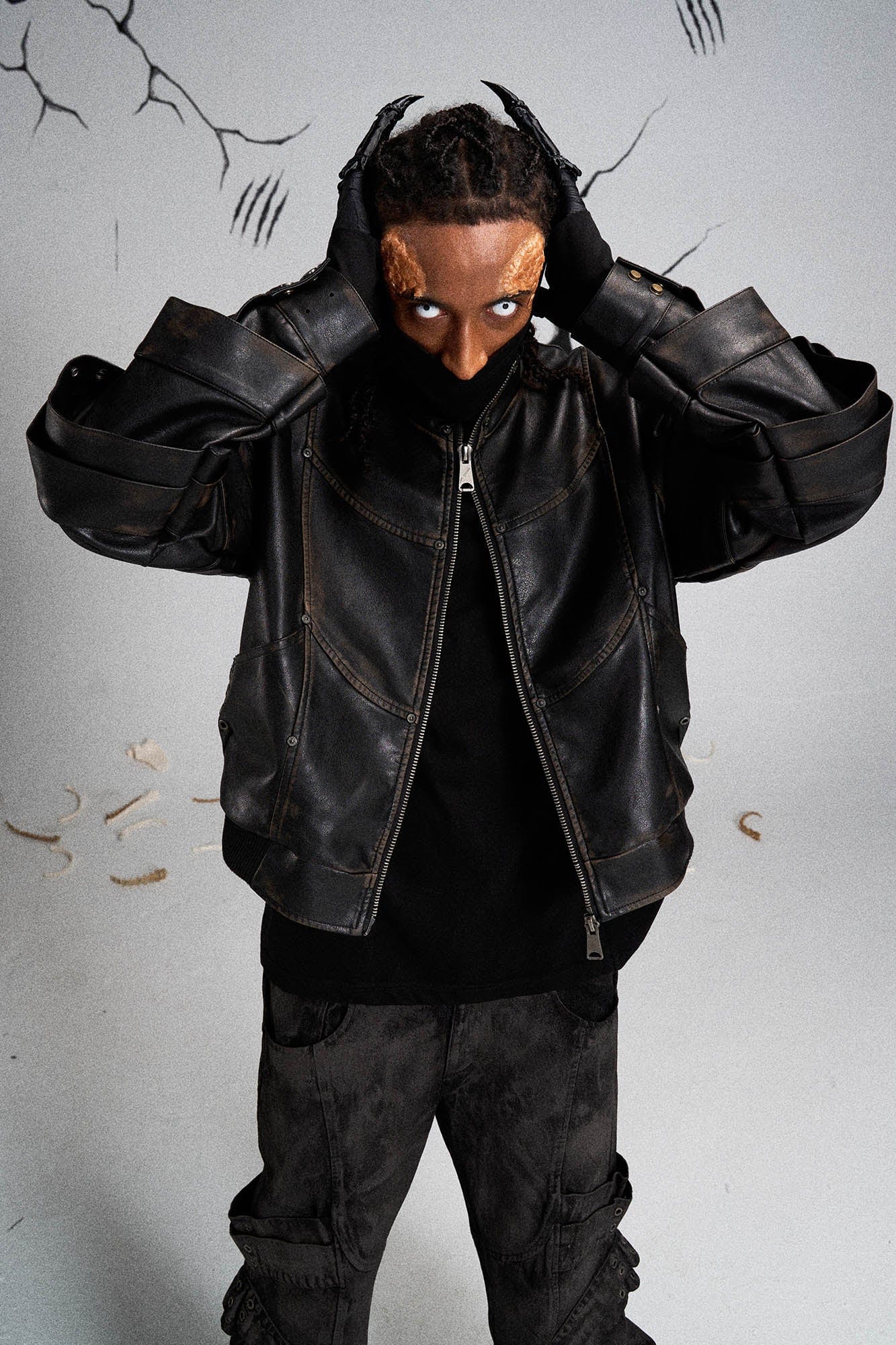 FLYERRER Mutation Layered Armor Spliced Faux Leather Jacket Black