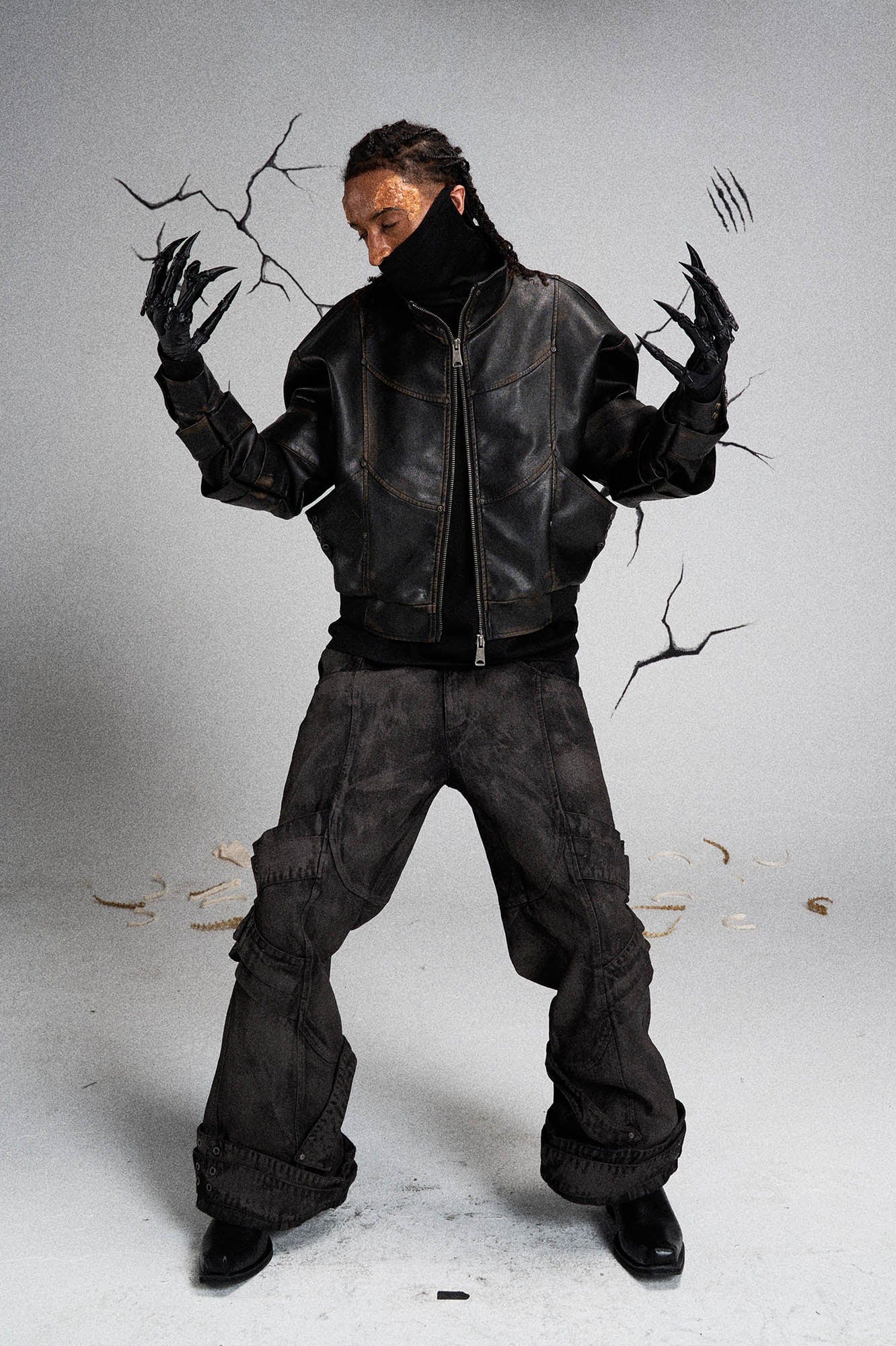 FLYERRER Mutation Layered Armor Spliced Faux Leather Jacket Black