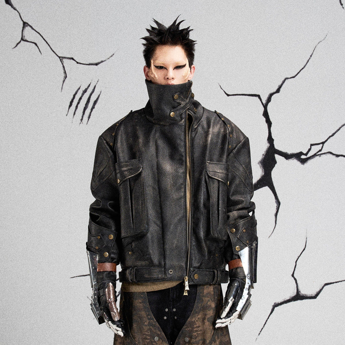 FLYERRER Mutation Knight Armor Distressed High-Collar Faux Leather Jacket
