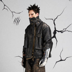 FLYERRER Mutation Knight Armor Distressed High-Collar Faux Leather Jacket