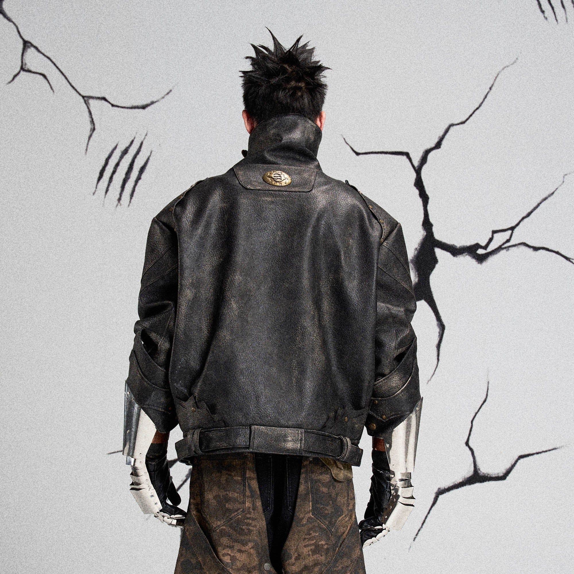 FLYERRER Mutation Knight Armor Distressed High-Collar Faux Leather Jacket