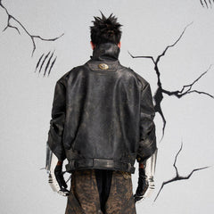 FLYERRER Mutation Knight Armor Distressed High-Collar Faux Leather Jacket
