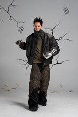 FLYERRER Mutation Knight Armor Distressed High-Collar Faux Leather Jacket