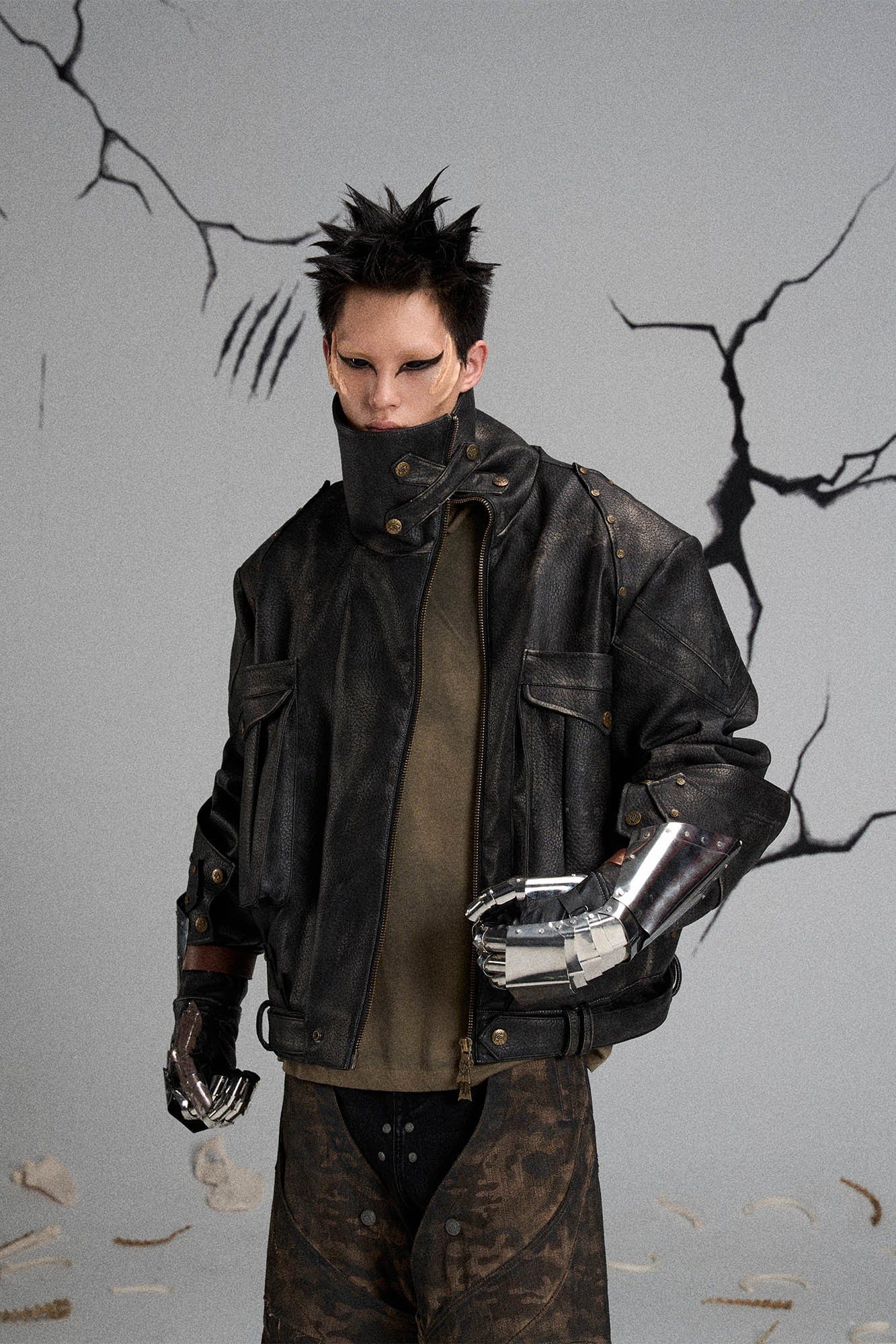 FLYERRER Mutation Knight Armor Distressed High-Collar Faux Leather Jacket