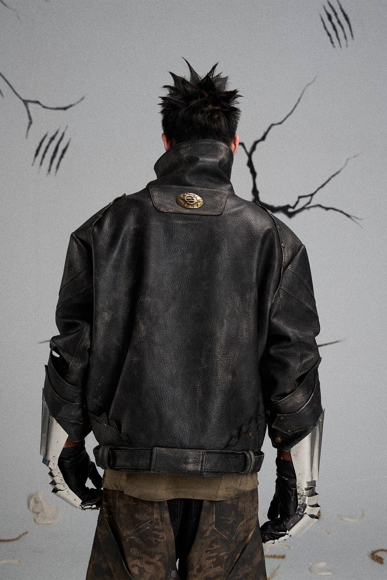 FLYERRER Mutation Knight Armor Distressed High-Collar Faux Leather Jacket