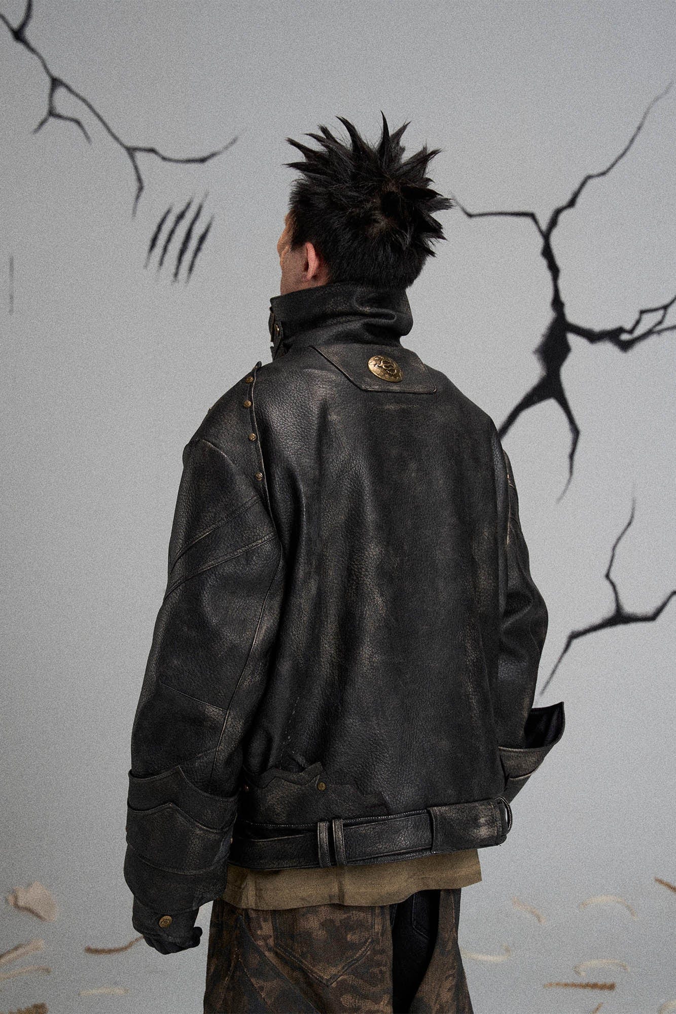 FLYERRER Mutation Knight Armor Distressed High-Collar Faux Leather Jacket