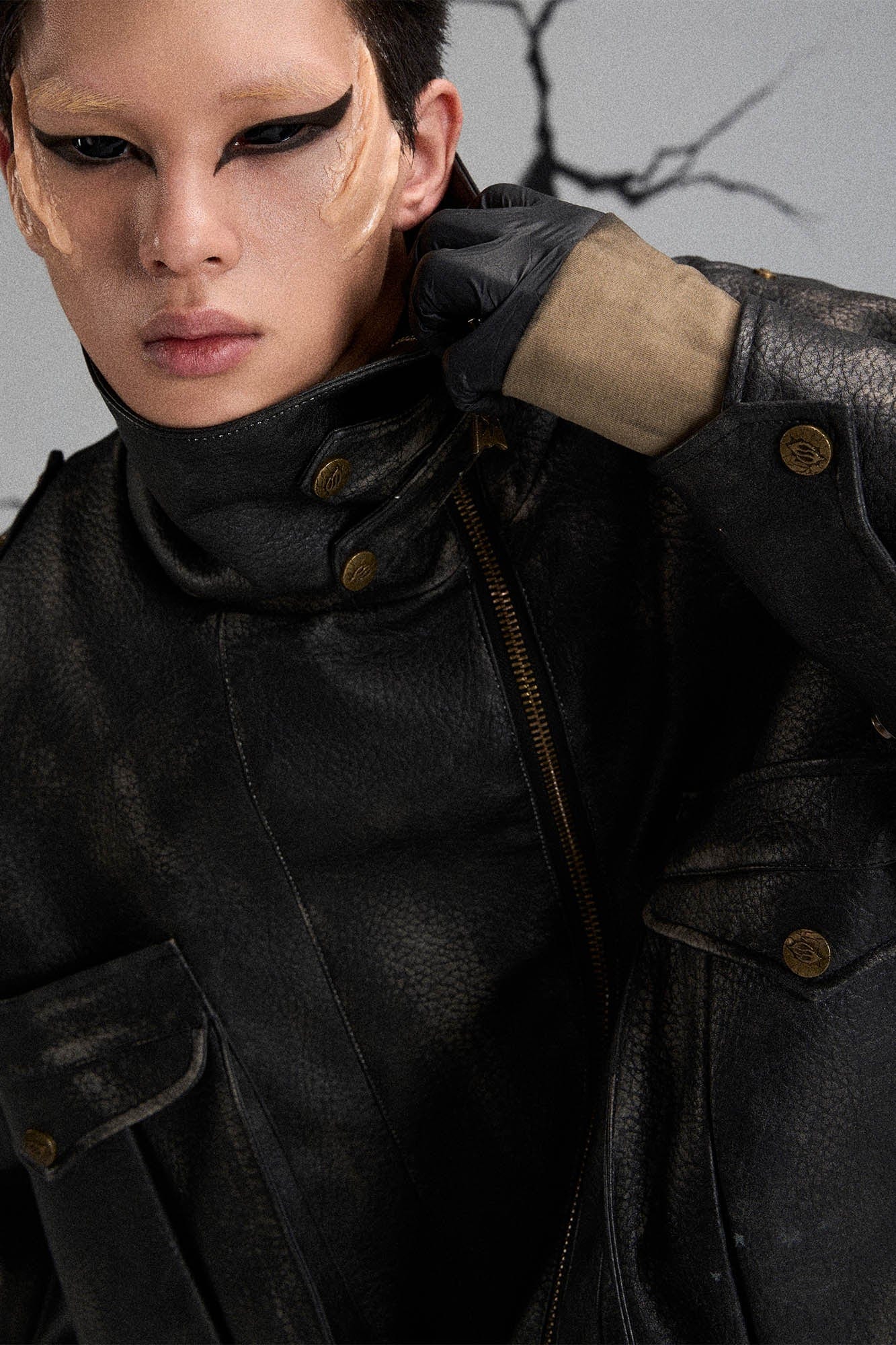 FLYERRER Mutation Knight Armor Distressed High-Collar Faux Leather Jacket