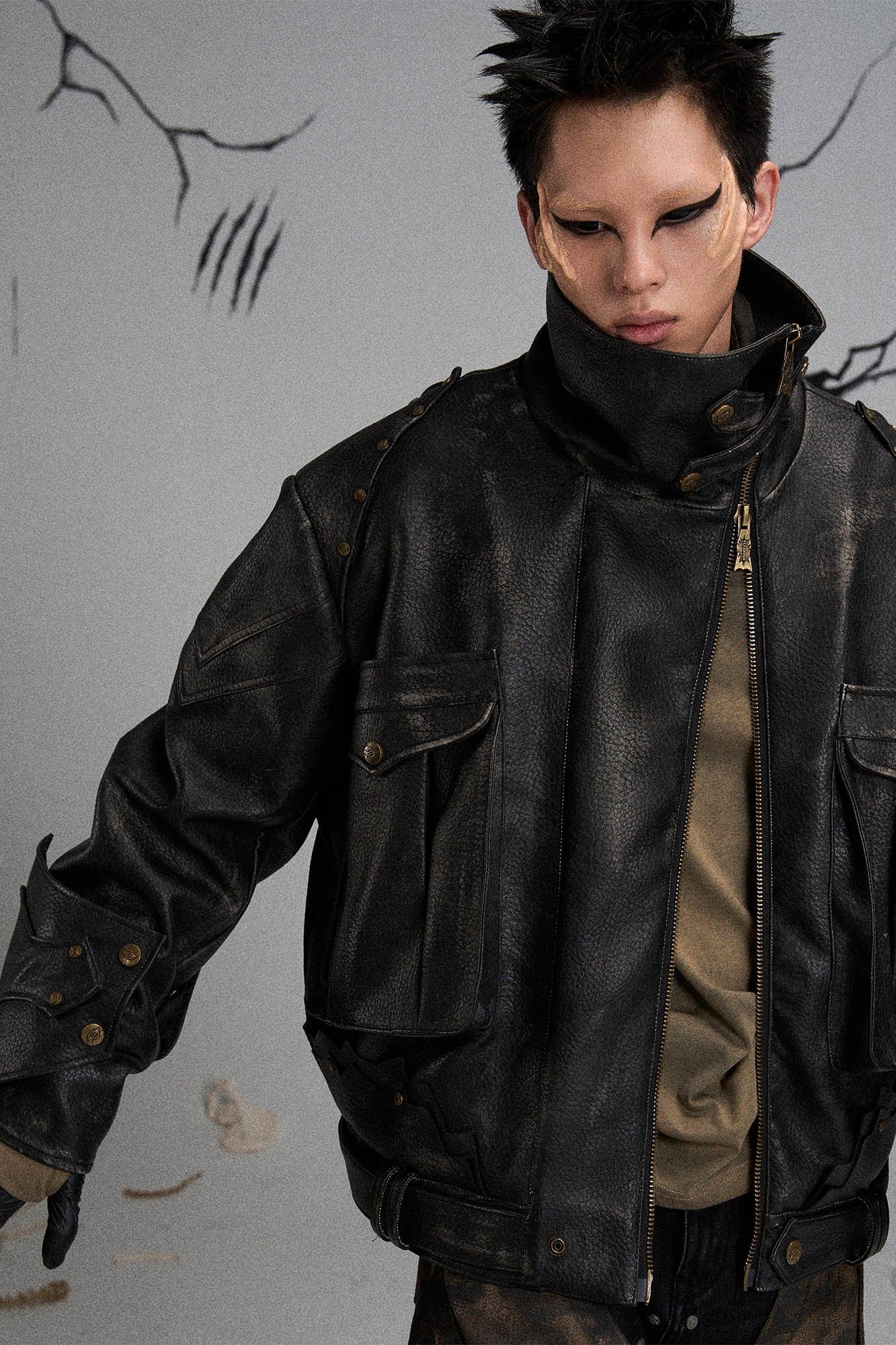 FLYERRER Mutation Knight Armor Distressed High-Collar Faux Leather Jacket