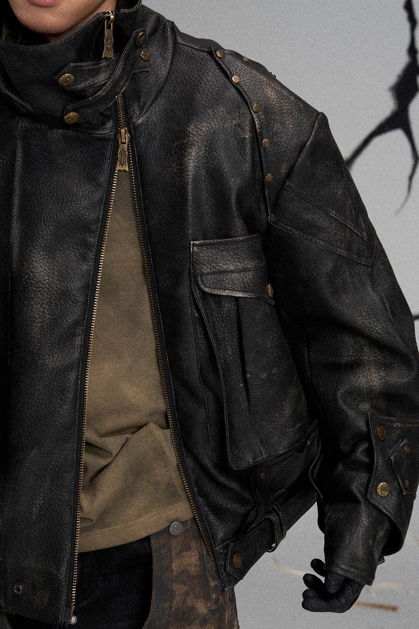 FLYERRER Mutation Knight Armor Distressed High-Collar Faux Leather Jacket