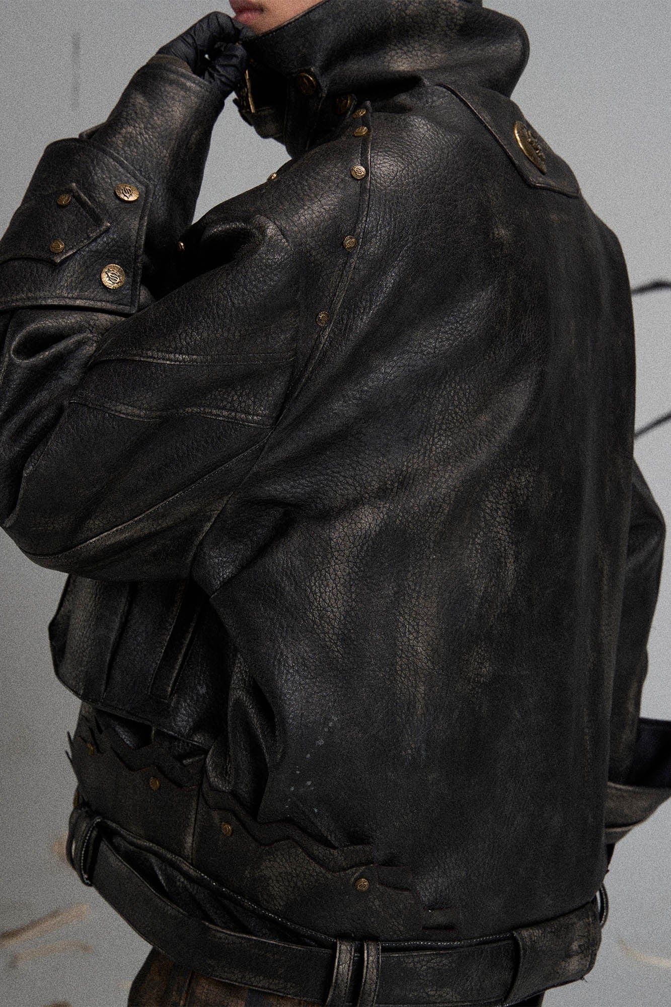 FLYERRER Mutation Knight Armor Distressed High-Collar Faux Leather Jacket