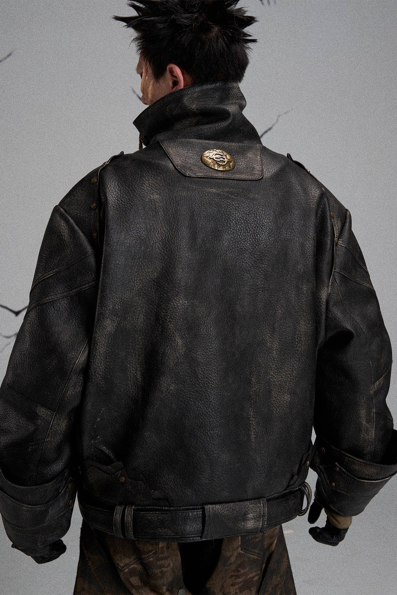 FLYERRER Mutation Knight Armor Distressed High-Collar Faux Leather Jacket
