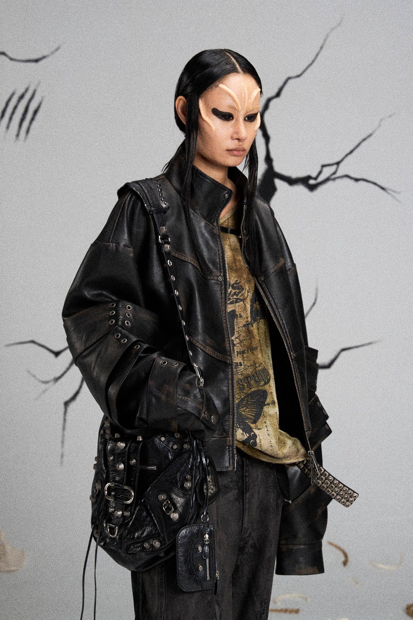 FLYERRER Mutation Layered Armor Spliced Faux Leather Jacket Black