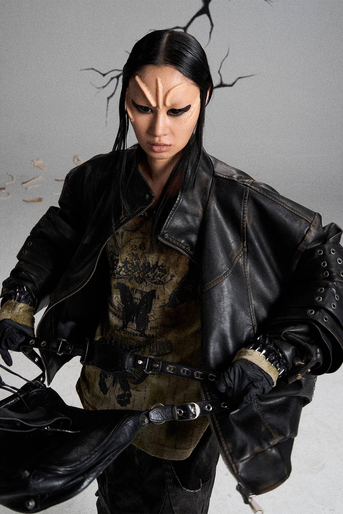 FLYERRER Mutation Layered Armor Spliced Faux Leather Jacket Black