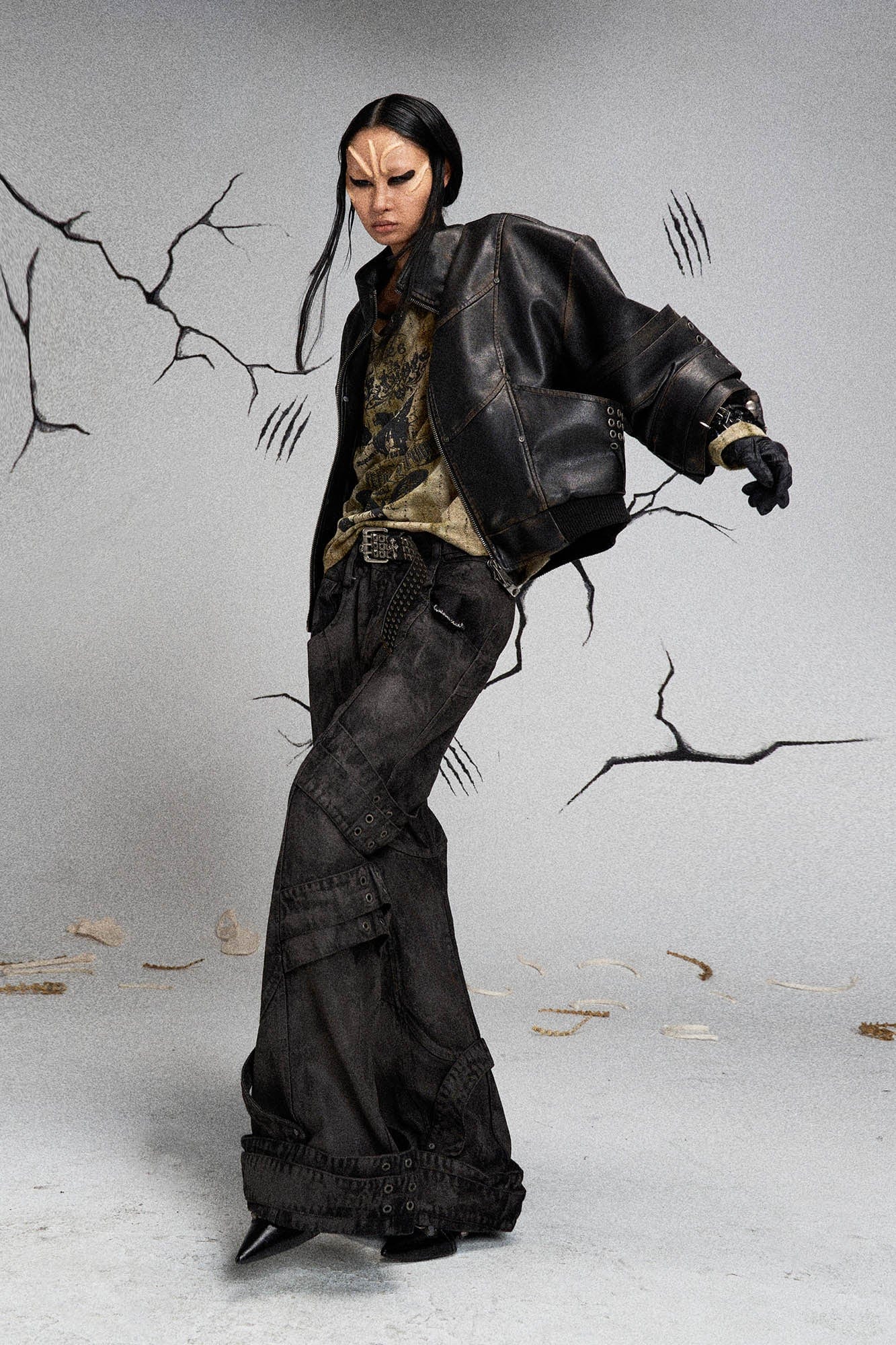 FLYERRER Mutation Layered Armor Spliced Faux Leather Jacket Black
