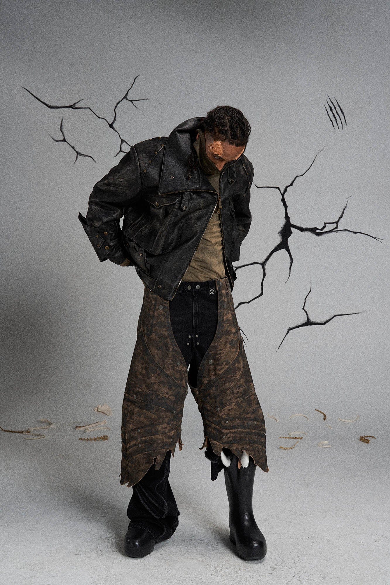 FLYERRER Mutation Knight Armor Distressed High-Collar Faux Leather Jacket