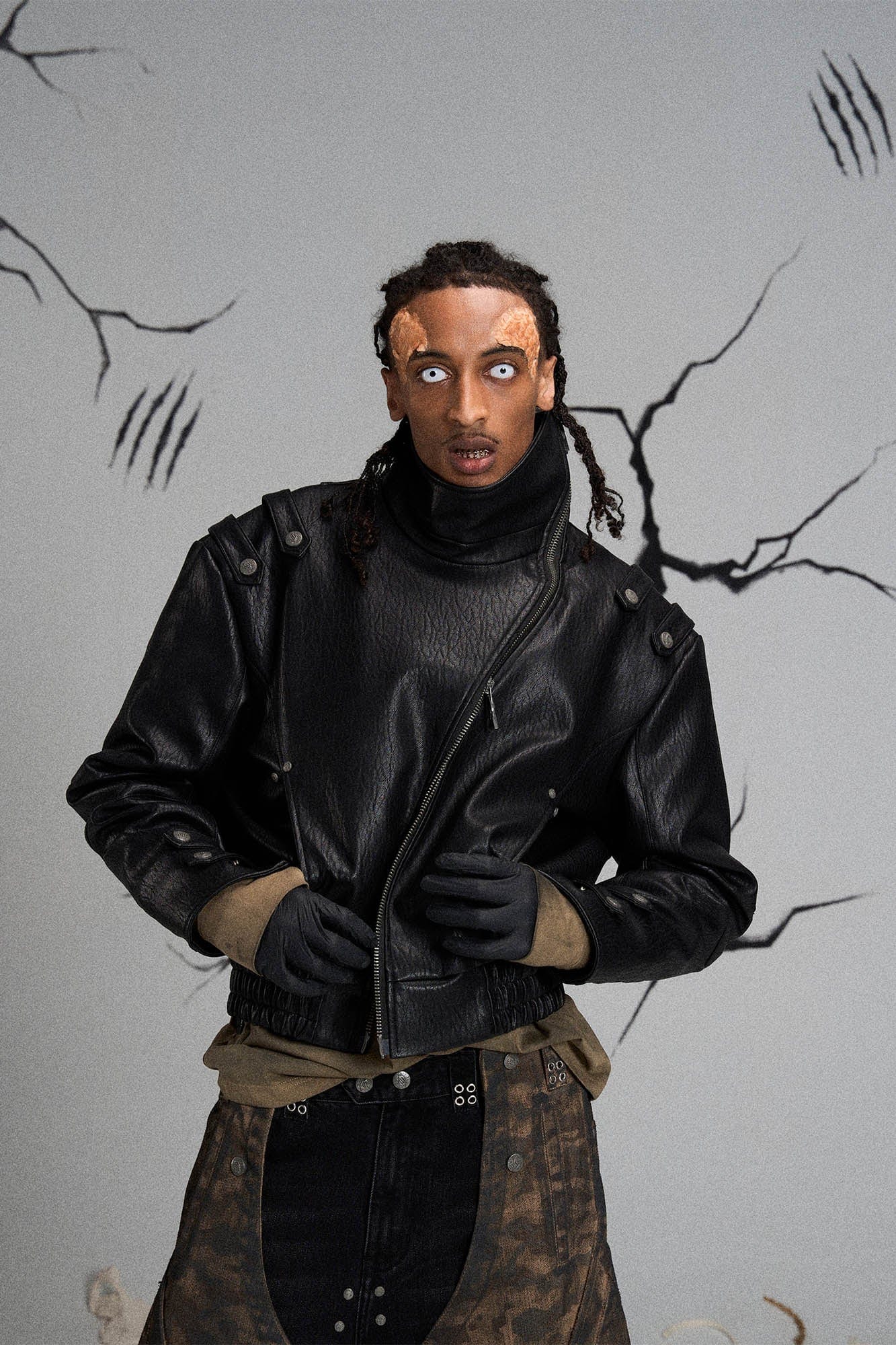 FLYERRER Mutation Asymmetrical High-Collar Faux Leather Jacket