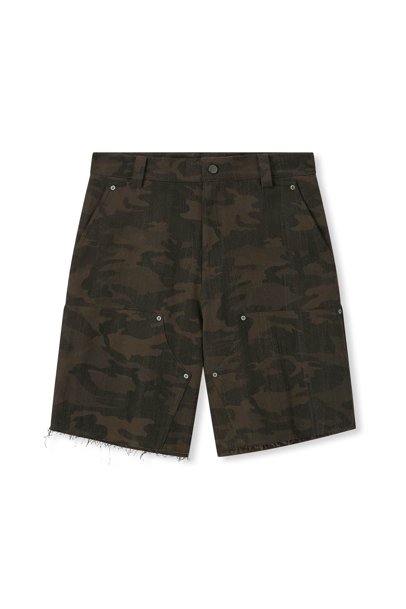 BONELESS Frayed Double-Knee Camo Cargo Shorts