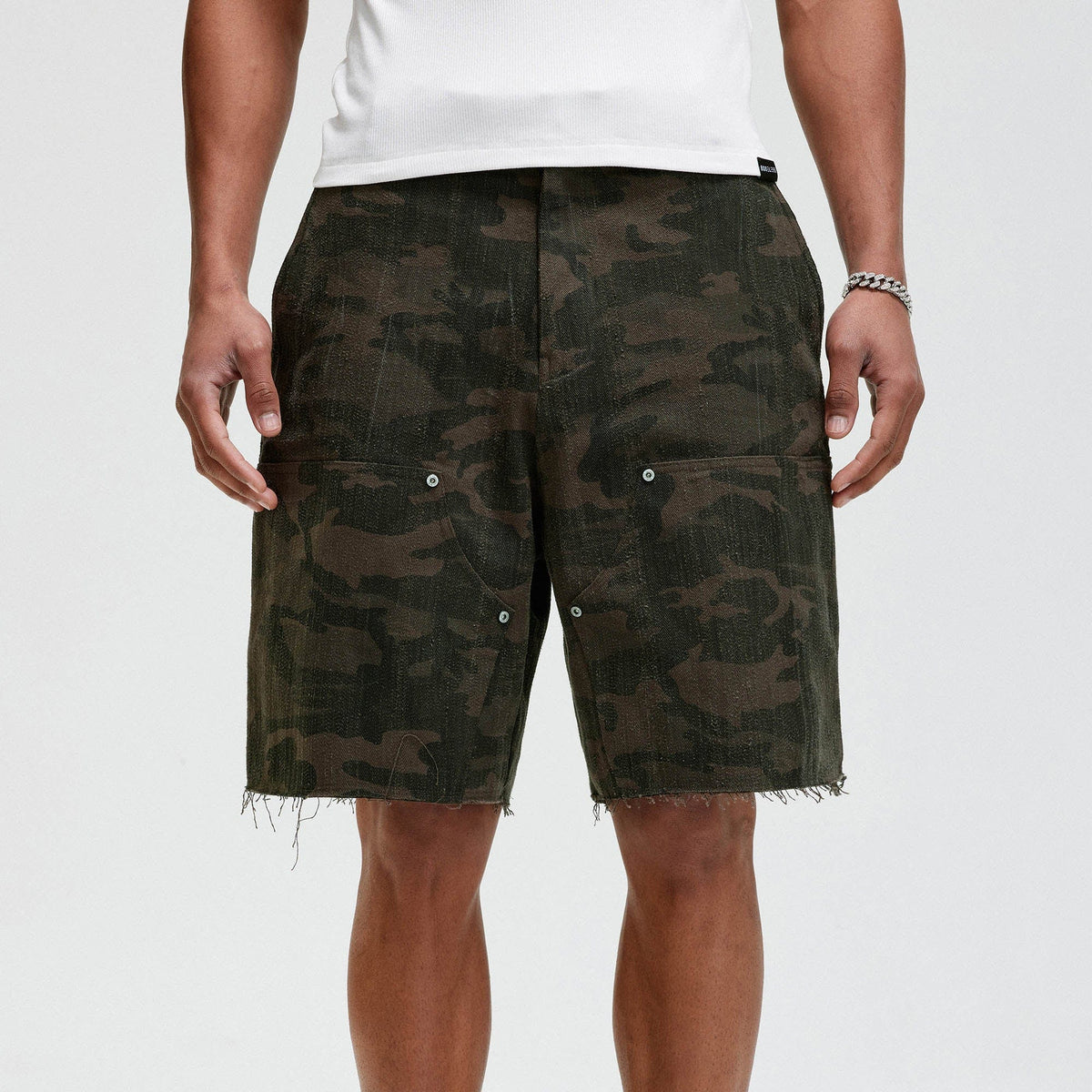 BONELESS Frayed Double-Knee Camo Cargo Shorts