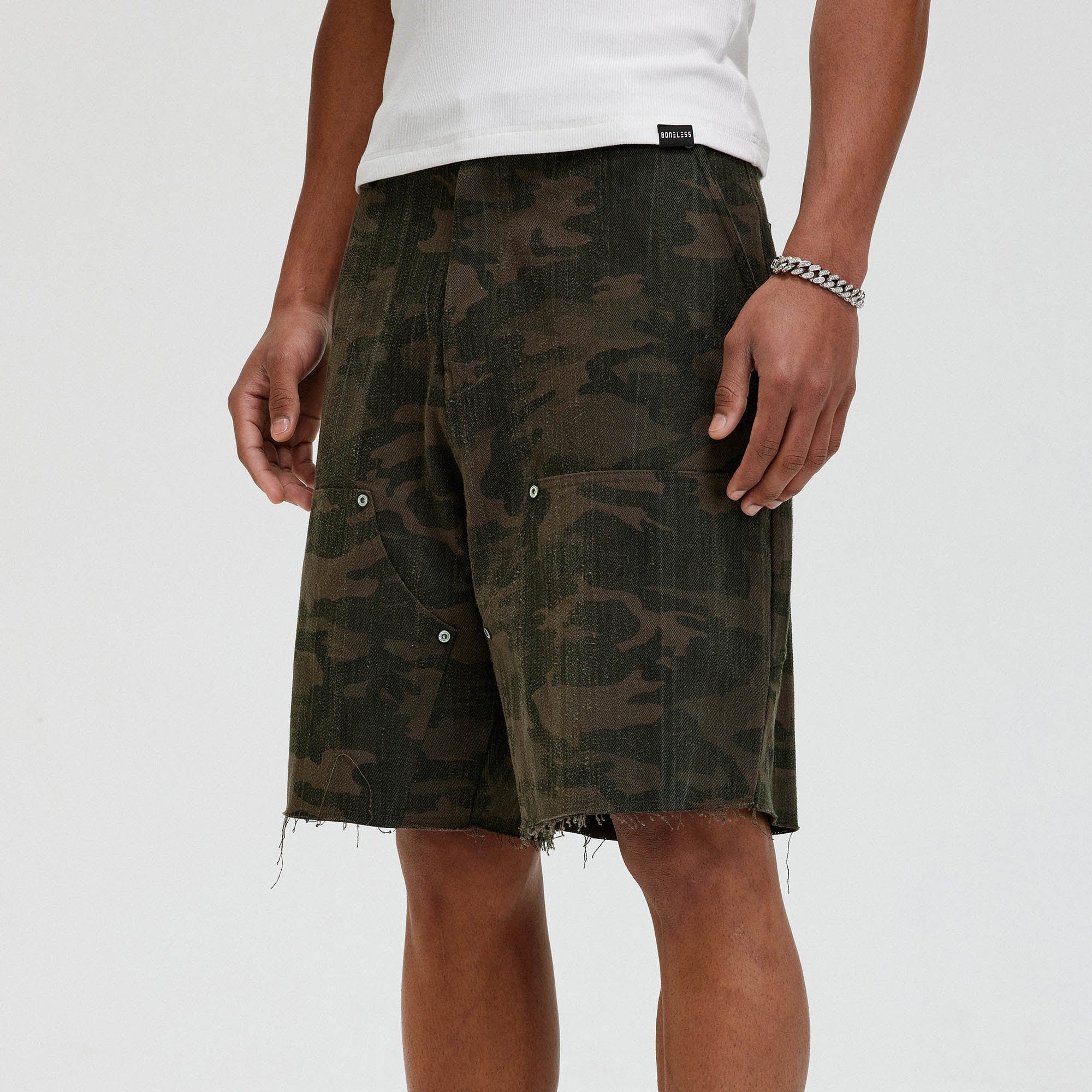 BONELESS Frayed Double-Knee Camo Cargo Shorts