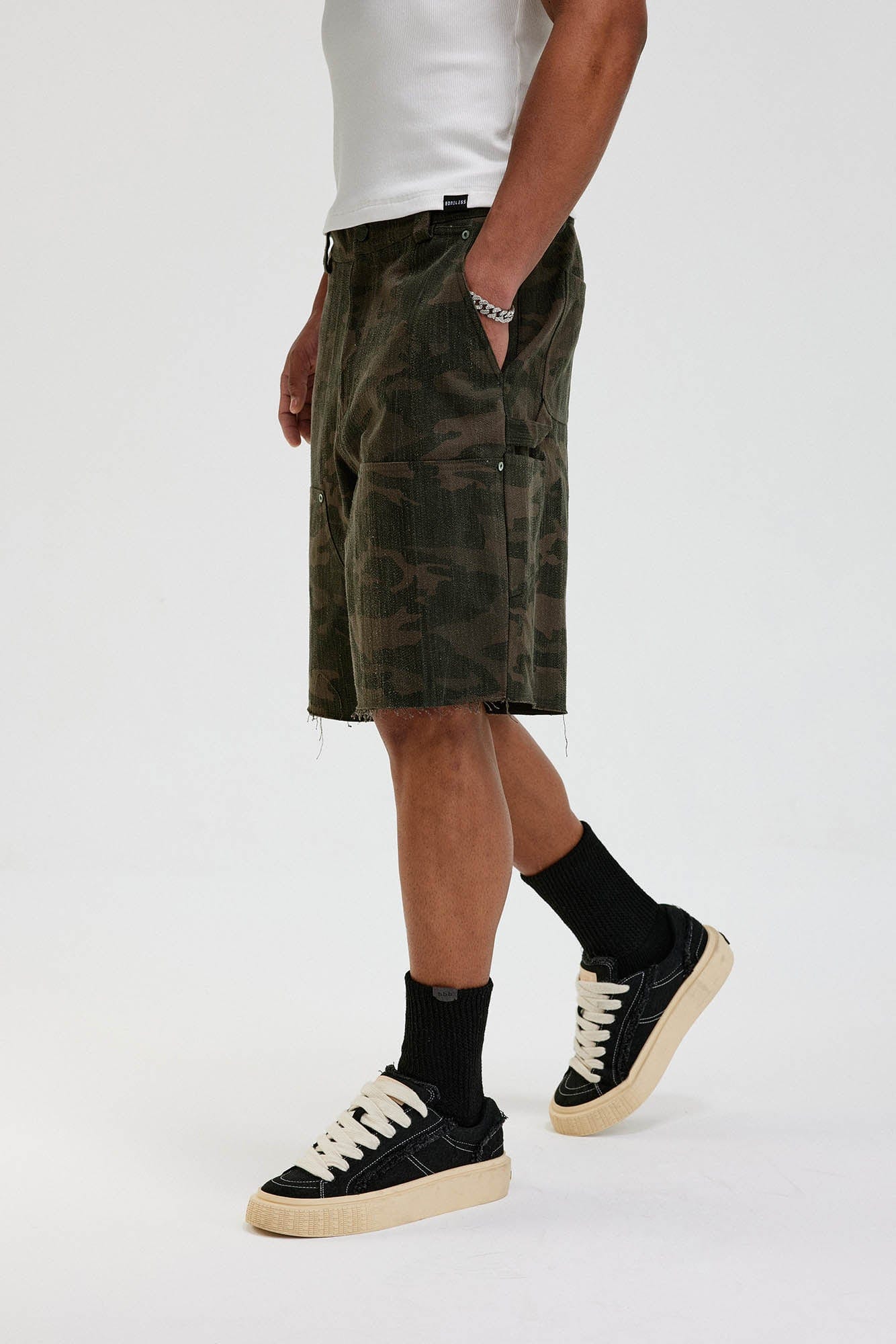 BONELESS Frayed Double-Knee Camo Cargo Shorts