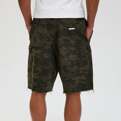 BONELESS Frayed Double-Knee Camo Cargo Shorts