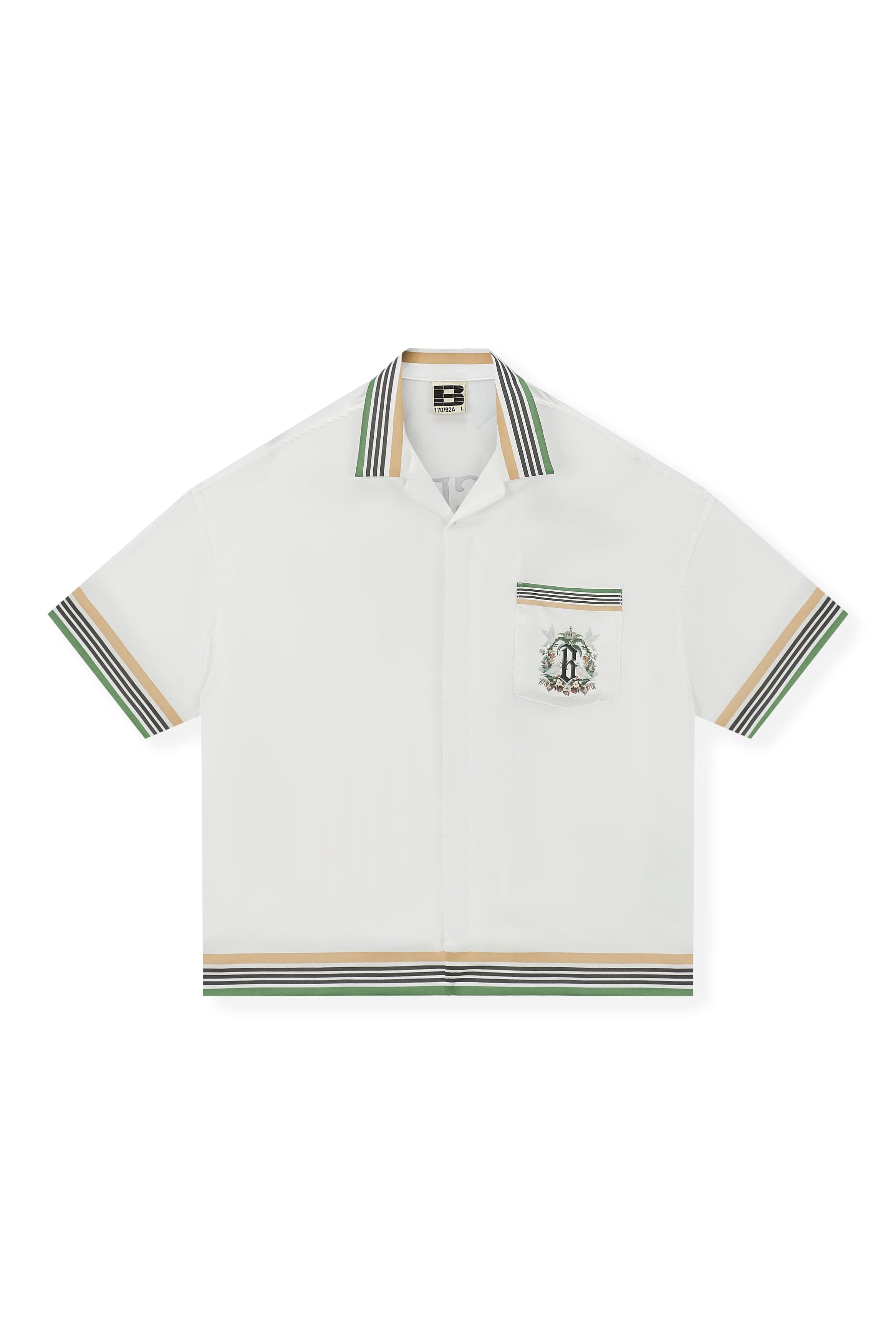 BONELESS Palm Tree & Dove Graphic Striped Collar Tencel Half Shirt