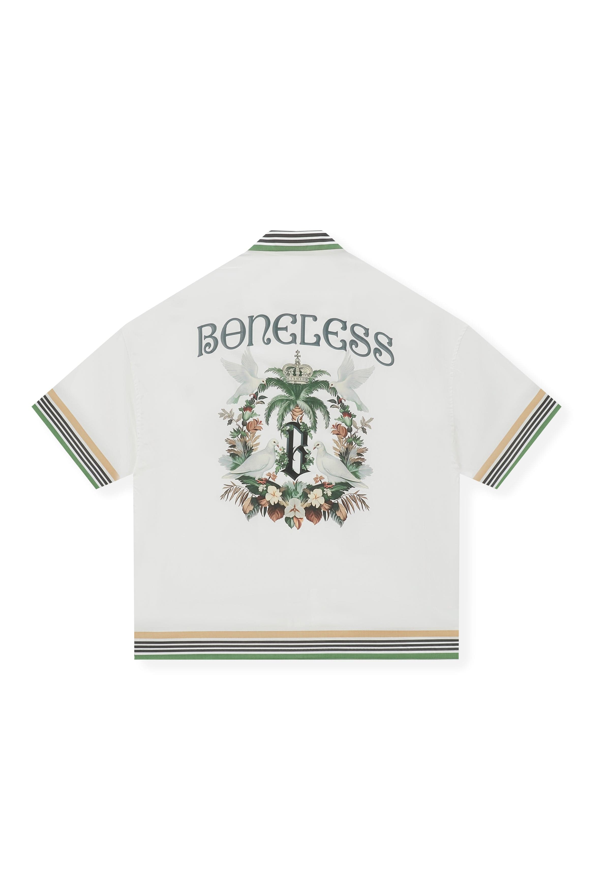 BONELESS Palm Tree & Dove Graphic Striped Collar Tencel Half Shirt