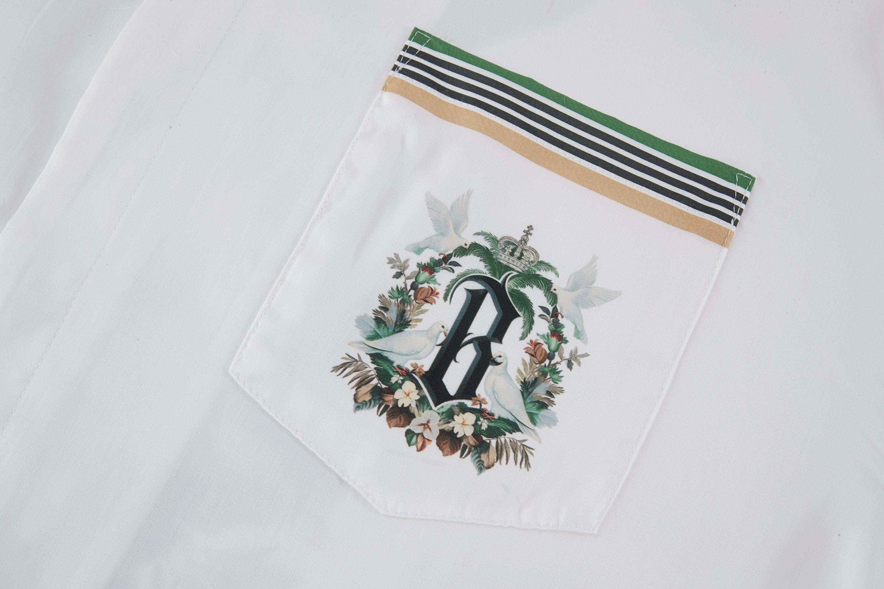BONELESS Palm Tree & Dove Graphic Striped Collar Tencel Half Shirt