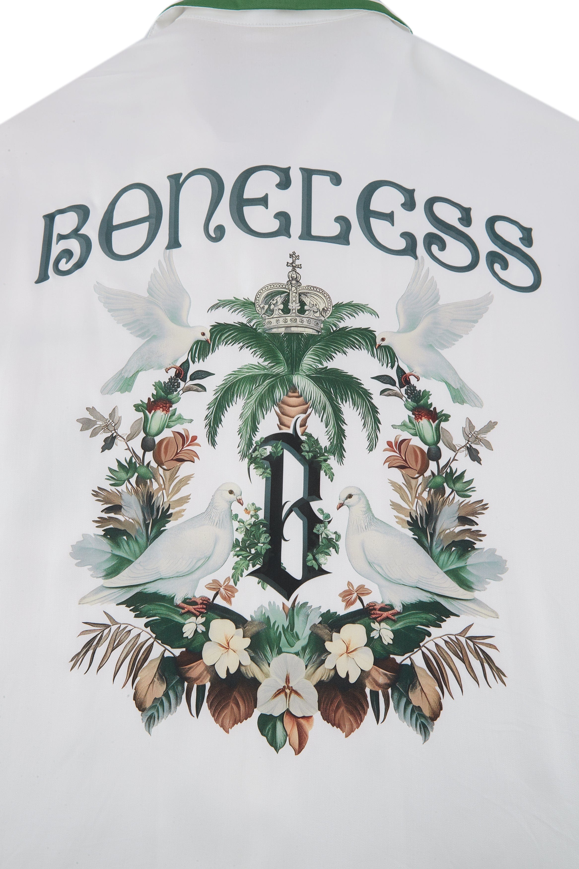 BONELESS Palm Tree & Dove Graphic Striped Collar Tencel Half Shirt