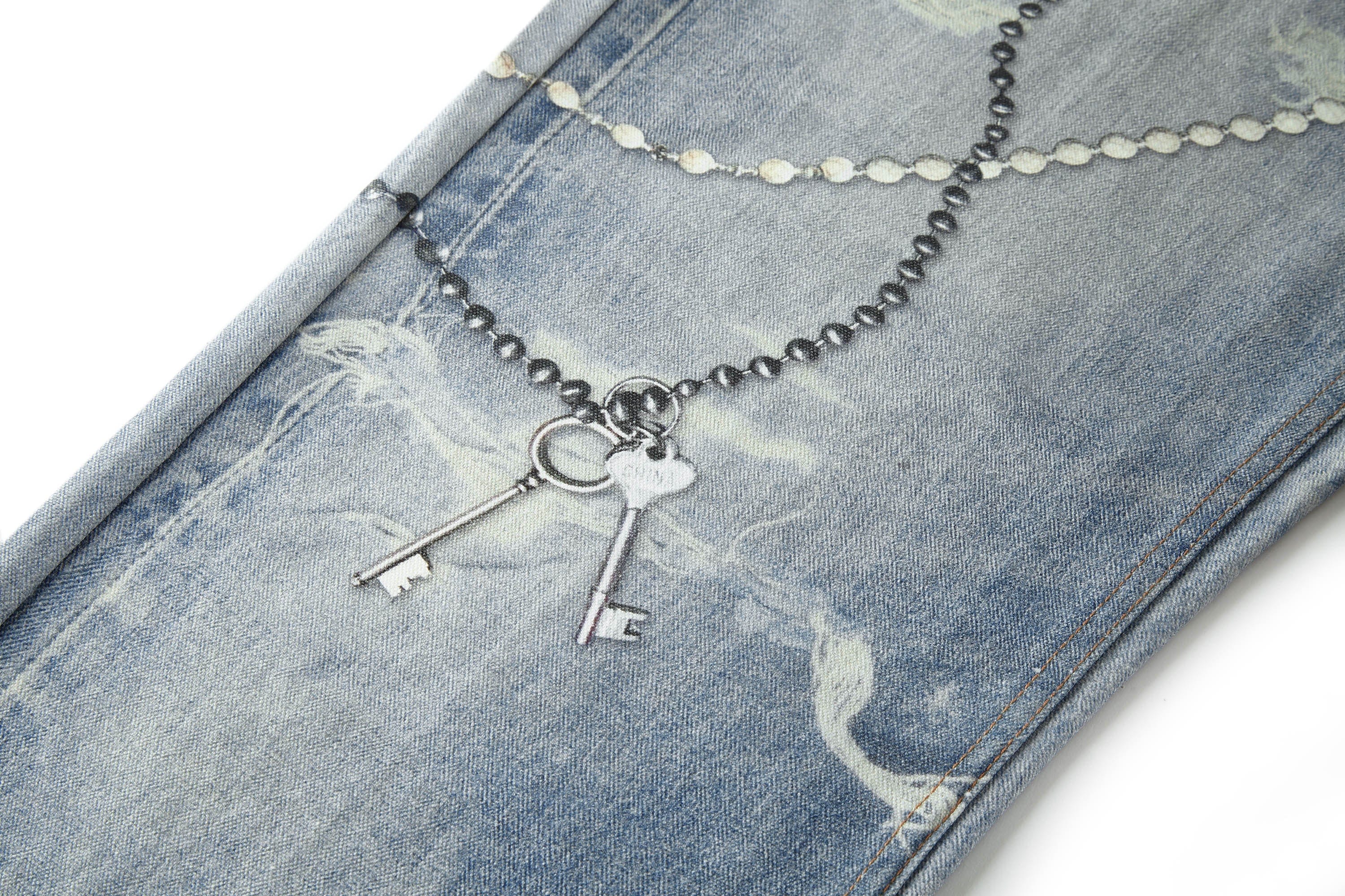 BONELESS Retro Chain Graphic Washed Jeans